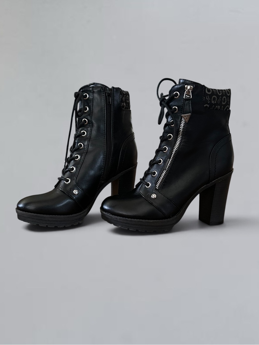 GUESS WGZONES-R Black Lace Up Heeled Combat Boots Size 7.5
